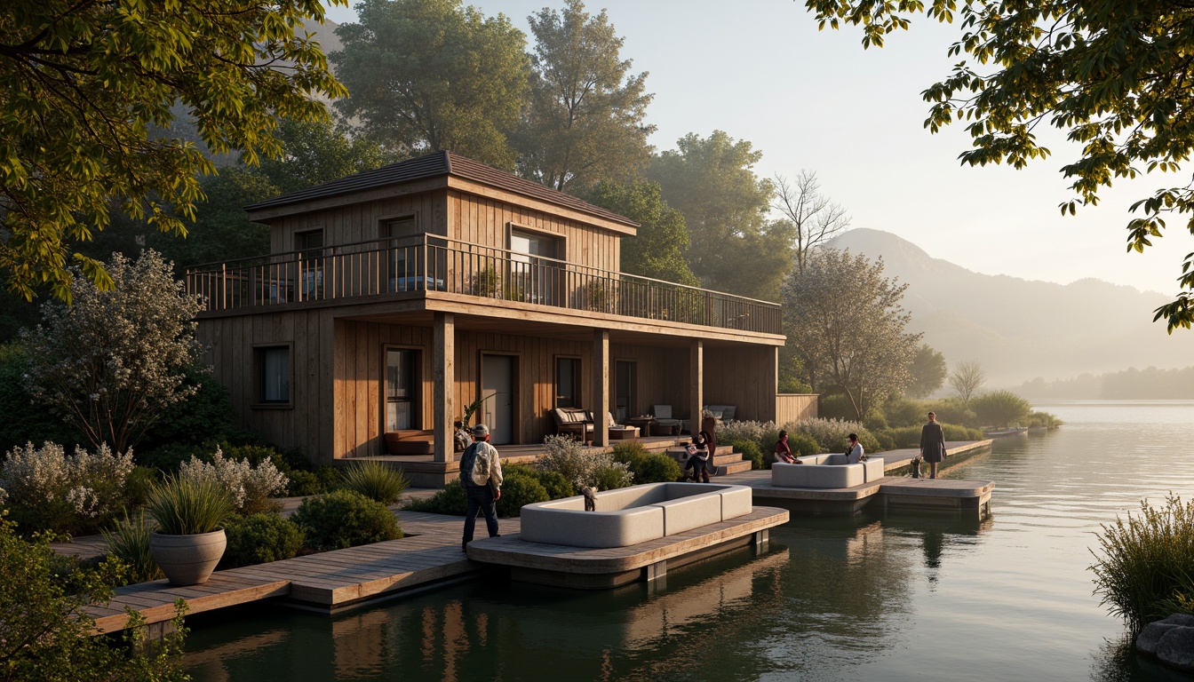 Prompt: Rustic boathouse, Renaissance-inspired architecture, wooden dock, vintage nautical elements, distressed wood accents, ornate metal fixtures, lush greenery, blooming flowers, tranquil water reflections, serene lake views, misty morning atmosphere, warm golden lighting, shallow depth of field, 1/2 composition, symmetrical framing, realistic textures, ambient occlusion.