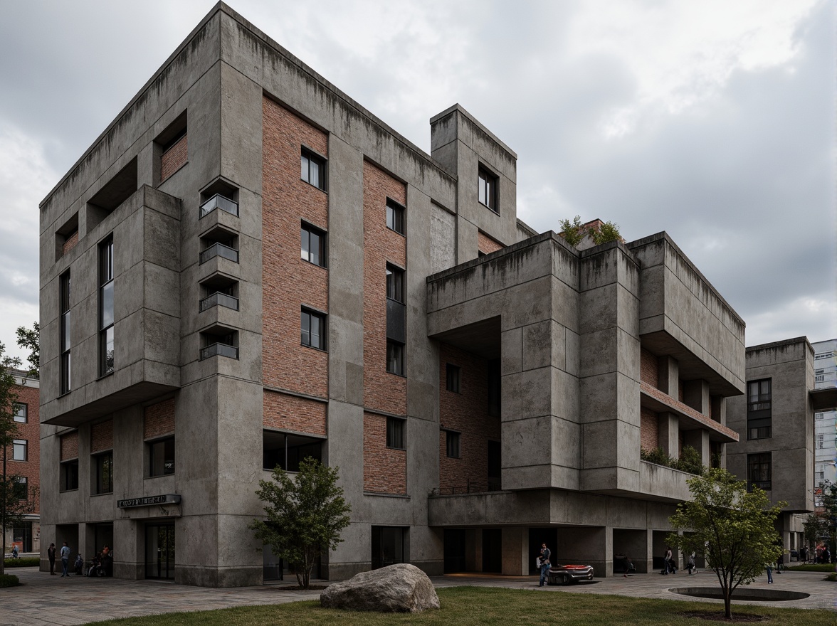 Prompt: Rough-hewn concrete walls, exposed ductwork, industrial metal beams, weathered steel surfaces, raw brick facades, rugged stone foundations, brutalist fortress-like structures, dramatic cantilevered roofs, angular geometric forms, monolithic monumental scale, harsh urban landscapes, overcast skies, diffused natural light, high-contrast shadows, gritty realistic textures, detailed normal maps, ambient occlusion.