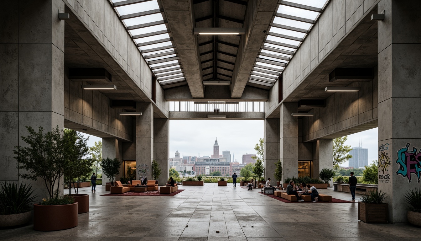 Prompt: Rugged community center, brutalist architecture, raw concrete walls, exposed ductwork, industrial metal beams, natural light pouring in, large skylights, clerestory windows, urban landscape views, gritty cityscape, overcast sky, soft diffused lighting, high contrast shadows, dramatic architectural forms, bold geometric shapes, functional minimalism, communal gathering spaces, reclaimed wood accents, weathered steel features, abstract graffiti art, moody atmospheric tones, cinematic composition, realistic textures, ambient occlusion.