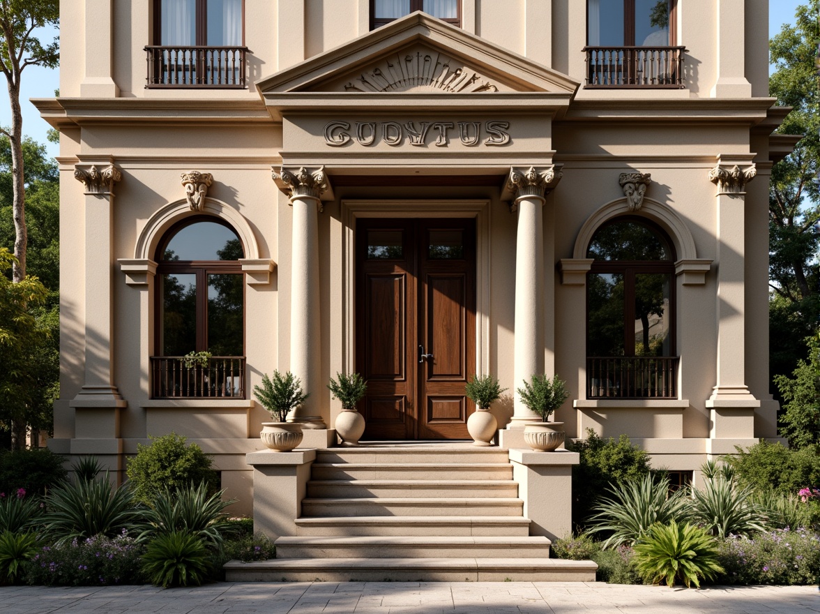 Prompt: Elegant classicism house facade, ornate columns, symmetrical composition, grand entrance, carved wooden doors, decorative pediments, rustic stone walls, arched windows, ornamental balconies, intricate moldings, subtle color palette, soft natural lighting, shallow depth of field, 1/1 composition, realistic textures, ambient occlusion.