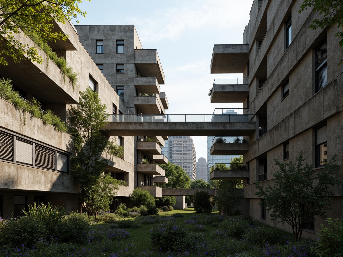 Prompt: Rugged brutalist buildings, raw concrete textures, fortress-like structures, overgrown vegetation, wildflowers, moss-covered walls, weathered steel beams, industrial materials, urban landscape integration, cityscape views, elevated walkways, cantilevered sections, dramatic shadows, harsh natural light, 1/1 composition, symmetrical framing, high-contrast lighting, gritty realistic textures, ambient occlusion.