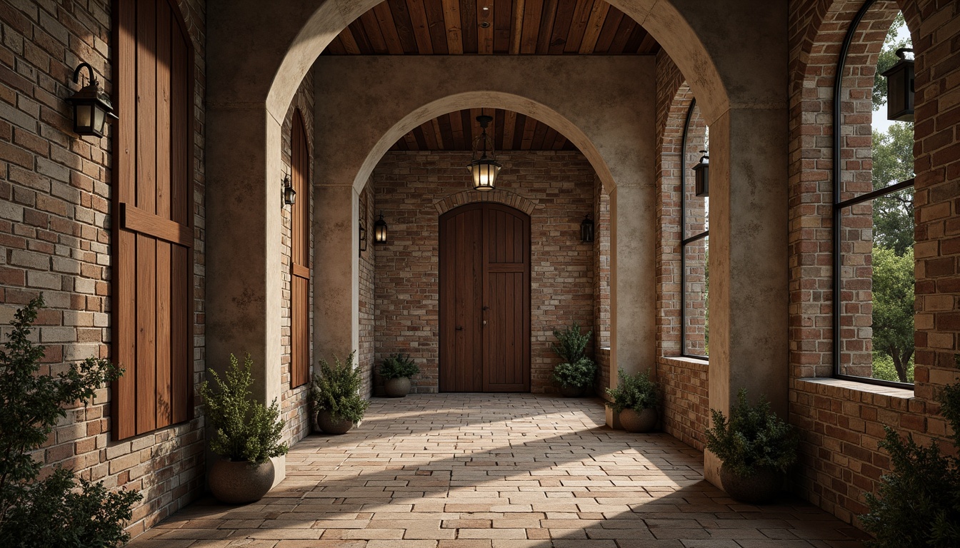 Prompt: Rustic stone walls, weathered wooden planks, rough-hewn concrete columns, tactile brick facades, ornate metalwork details, intricate stonework patterns, natural rock formations, earthy tones, organic shapes, curved lines, asymmetrical compositions, warm ambient lighting, soft shadows, high-contrast textures, realistic material renderings, detailed normal maps, subtle bump mapping, cinematic camera angles, dramatic depth of field.