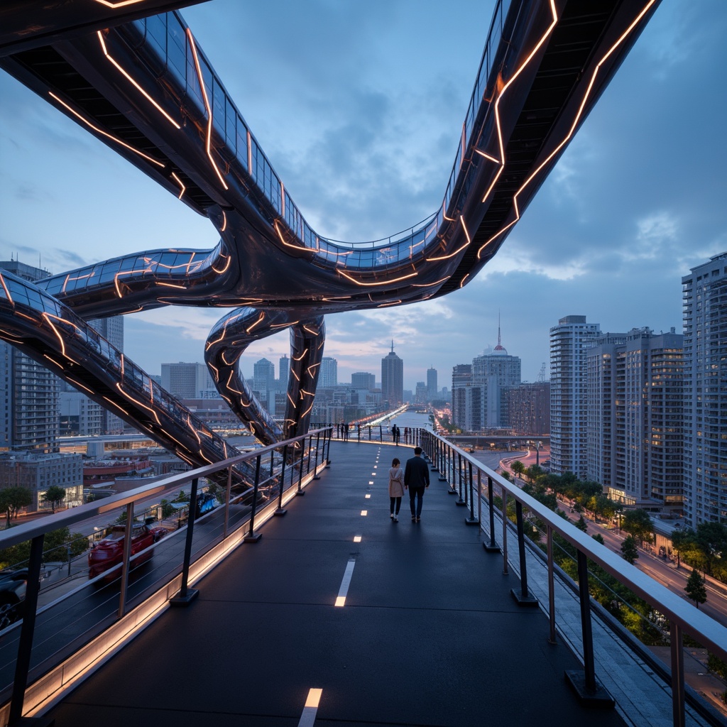 Prompt: Futuristic bridge design, metallic structures, iridescent materials, reflective surfaces, neon-lit accents, glowing lines, sleek curves, minimalist railings, modern urban landscape, cityscape at dusk, vibrant nightlife, misty atmosphere, shallow depth of field, 3/4 composition, panoramic view, realistic textures, ambient occlusion.