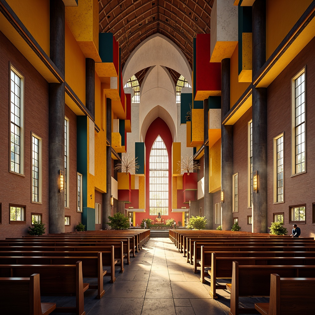 Prompt: Vibrant constructivist church, geometric shapes, bold lines, abstract forms, dynamic volumes, fragmented fa\u00e7ade, stained glass windows, intricate mosaics, rich textures, warm golden lighting, dramatic shadows, industrial materials, exposed brick walls, metallic accents, minimalist decor, sacred symbols, ornate details, spiritual ambiance, atmospheric misting, soft natural light, 1/1 composition, symmetrical framing, high contrast colors, bold typography, abstract patterns.