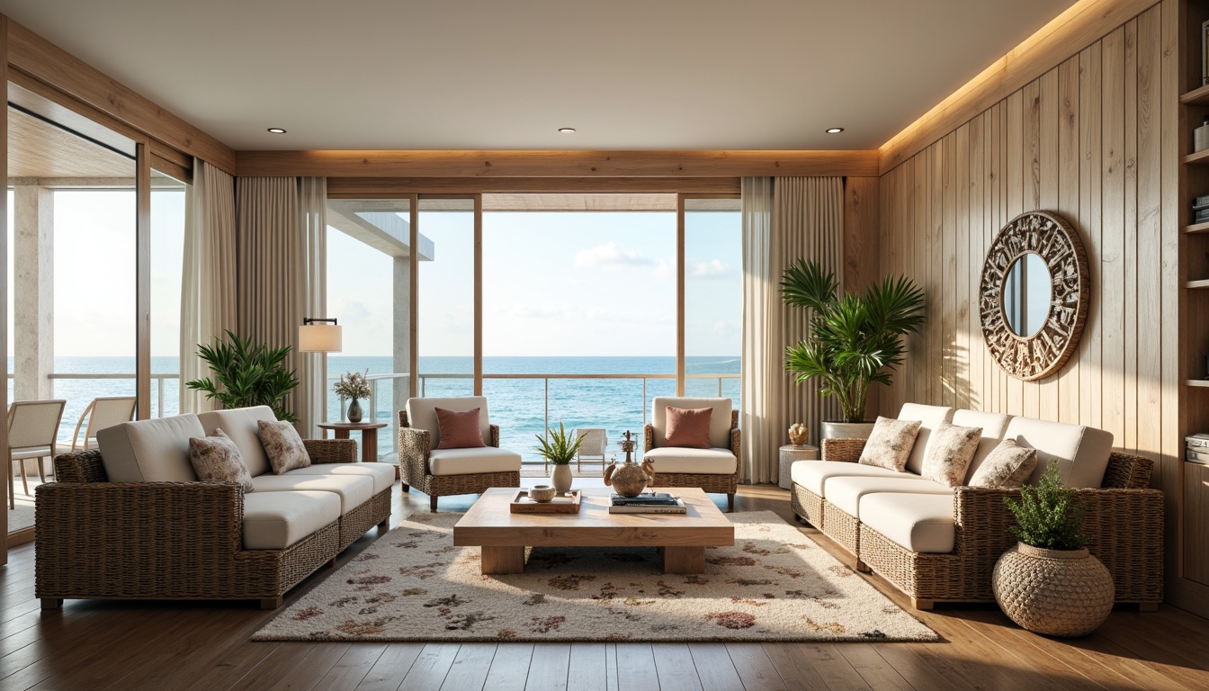 Prompt: Coastal living room, ocean-inspired color palette, driftwood accents, natural textiles, woven sea grass furniture, coral-patterned rugs, shell-adorned decorative walls, floor-to-ceiling windows, sliding glass doors, panoramic ocean views, soft warm lighting, beachy ambiance, minimalist decor, nautical-themed accessories, distressed wood flooring, plush sectional sofas, built-in shelving units, tropical plants, calming atmosphere, 1/1 composition, realistic reflections, ambient occlusion.