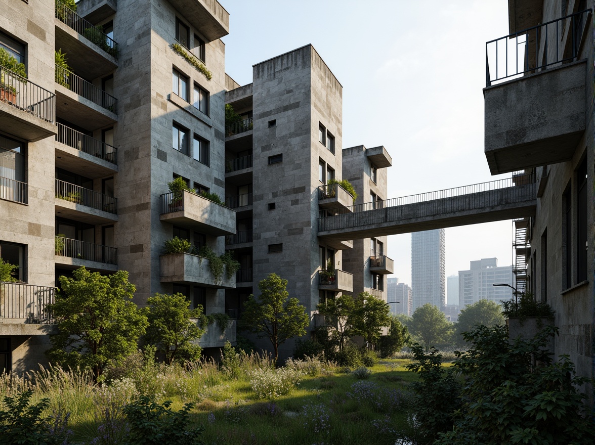 Prompt: Rugged brutalist buildings, raw concrete textures, fortress-like structures, overgrown vegetation, wildflowers, moss-covered walls, weathered steel beams, industrial materials, urban landscape integration, cityscape views, elevated walkways, cantilevered sections, dramatic shadows, harsh natural light, 1/1 composition, symmetrical framing, high-contrast lighting, gritty realistic textures, ambient occlusion.