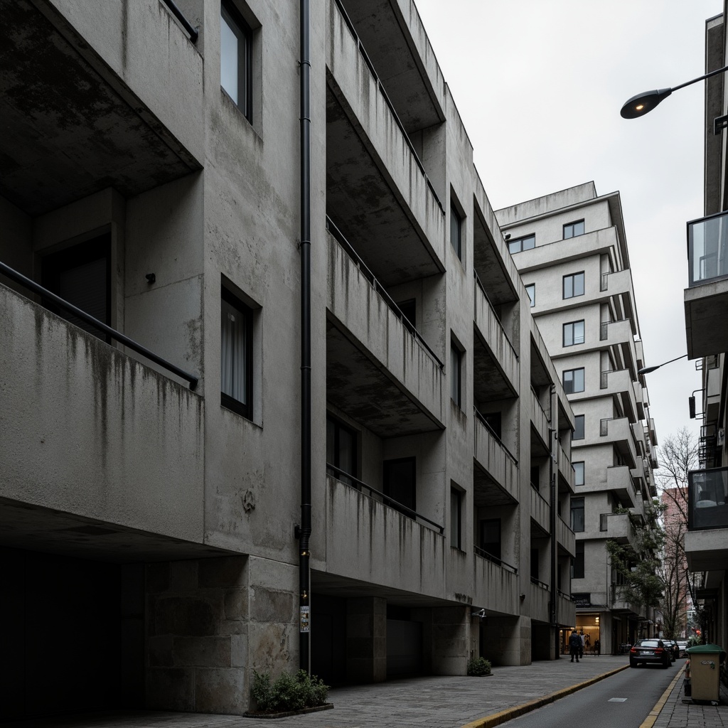 Prompt: Exposed concrete walls, rugged textures, industrial pipes, raw steel beams, minimalist balconies, brutalist architecture, urban cityscape, gloomy overcast sky, dramatic shadows, high-contrast lighting, bold geometric forms, functional simplicity, distressed finishes, poured-in-place concrete, cold monochromatic color palette, 1/1 composition, low-angle shot, cinematic atmosphere, gritty realistic textures.