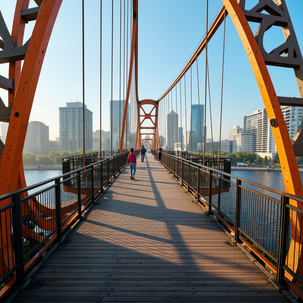 Prompt: Vibrant fusion architecture, curved bridge structures, steel beams, suspension cables, modern urban landscape, city skyline, misty morning atmosphere, soft warm lighting, shallow depth of field, 3/4 composition, panoramic view, realistic textures, ambient occlusion, bold color palette, bright blue accents, deep orange hues, metallic silver tones, rich brown wood textures, sleek glass railings, intricate metal latticework.