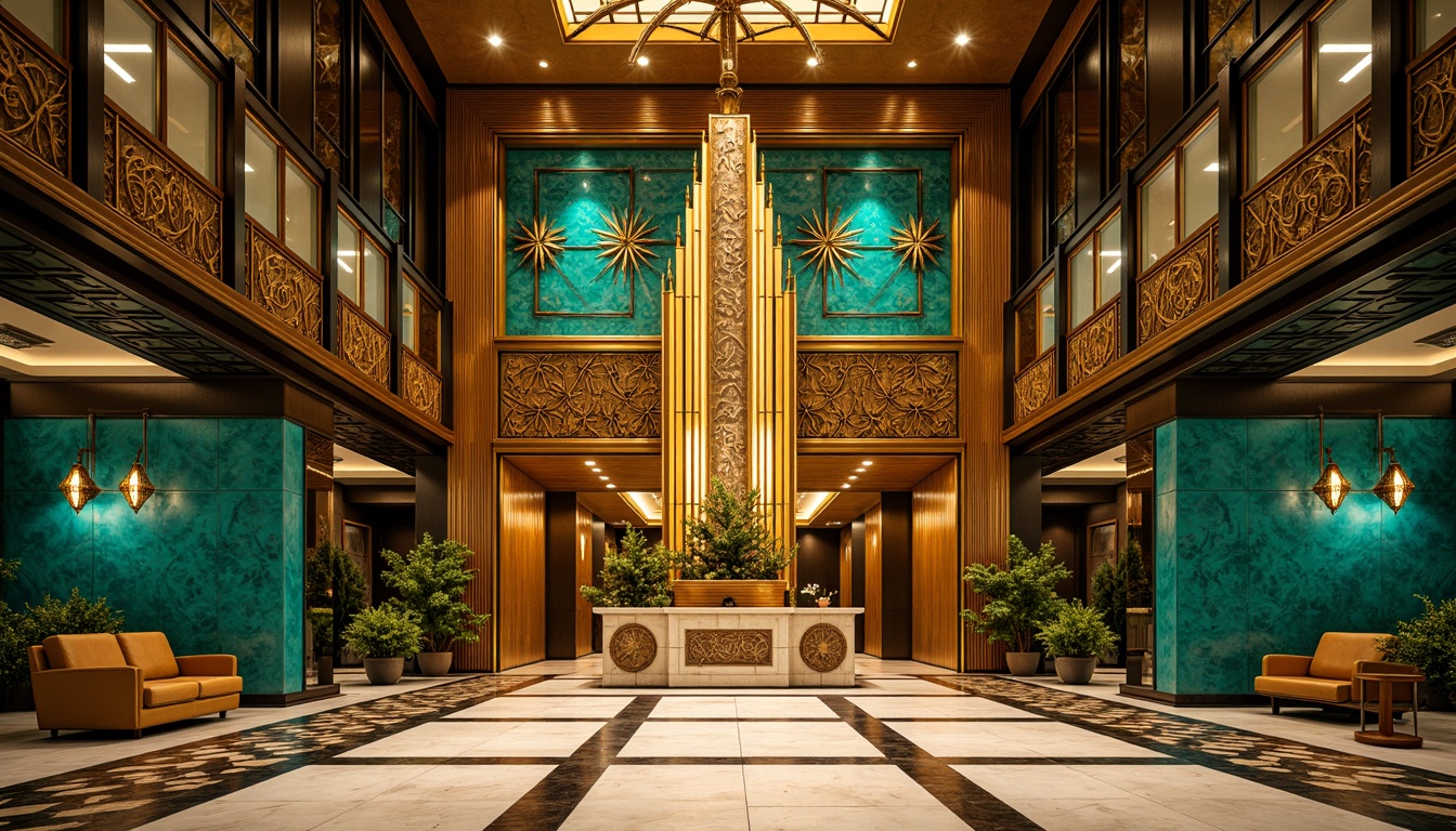 Prompt: Opulent Art Deco monument, lavish golden accents, rich bronze tones, vibrant turquoise mosaics, geometric patterns, ornate metalwork, luxurious marble surfaces, bold black outlines, stylized floral motifs, sunburst designs, zigzag patterns, metallic sheen, warm ambient lighting, shallow depth of field, 1/1 composition, symmetrical framing, high-contrast colors, intricate textures, realistic reflections.