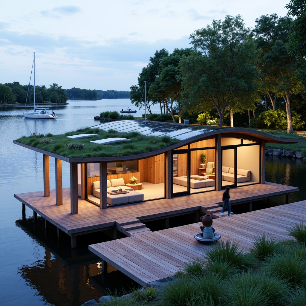 Prompt: Waterfront location, serene lake views, wooden dock, sailboats, modern boathouse design, innovative roof structure, curved lines, green roofs, solar panels, skylights, clerestory windows, natural wood accents, nautical-themed decor, cozy interior spaces, warm lighting, shallow depth of field, 1/1 composition, realistic textures, ambient occlusion.