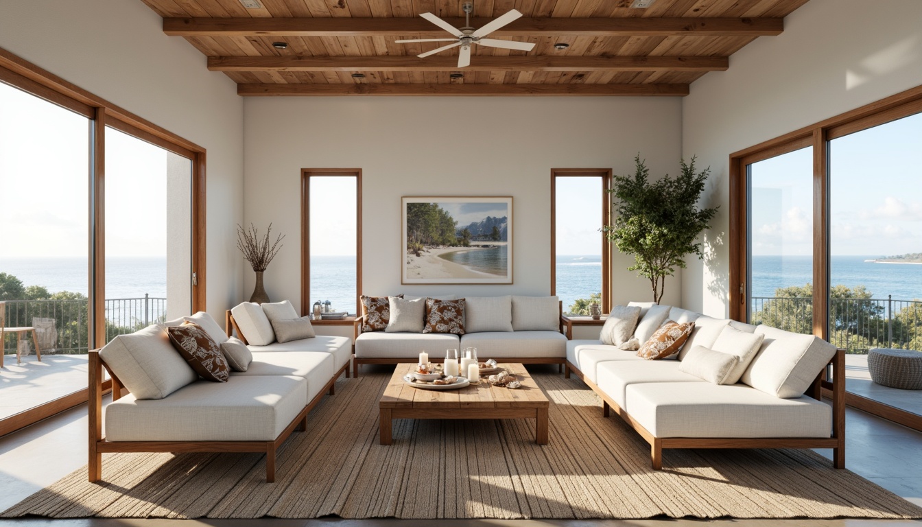 Prompt: Coastal living room, ocean-inspired color palette, driftwood accents, natural textiles, woven sea grass rugs, shell-adorned decorative pieces, floor-to-ceiling windows, sliding glass doors, beachy vibe, soft warm lighting, 1/1 composition, shallow depth of field, realistic wood textures, ambient occlusion, modern minimalist furniture, plush sectional sofas, reclaimed wood coffee tables, nautical-themed artwork, coral-patterned throw pillows, sea salt-scented candles, calming atmosphere.