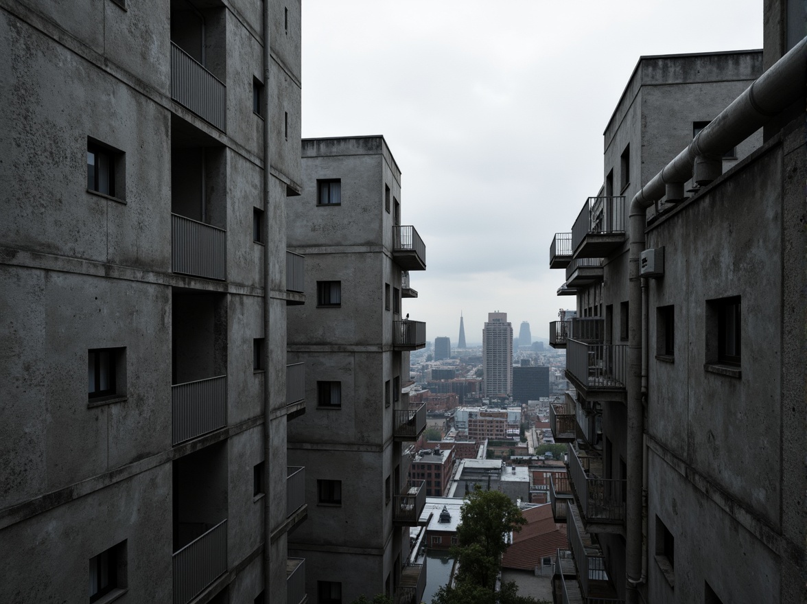 Prompt: Exposed concrete walls, rugged textures, industrial pipes, raw steel beams, minimalist balconies, brutalist architecture, urban cityscape, gloomy overcast sky, dramatic shadows, high-contrast lighting, bold geometric forms, functional simplicity, distressed finishes, poured-in-place concrete, cold monochromatic color palette, 1/1 composition, low-angle shot, cinematic atmosphere, gritty realistic textures.