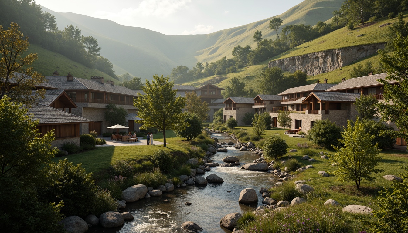 Prompt: Rustic village, rolling hills, lush greenery, meandering streams, traditional vernacular architecture, earthy tones, natural stone walls, wooden accents, curved lines, organic forms, blending with surroundings, seamless integration, harmonious coexistence, soft warm lighting, misty atmosphere, shallow depth of field, 1/1 composition, realistic textures, ambient occlusion.