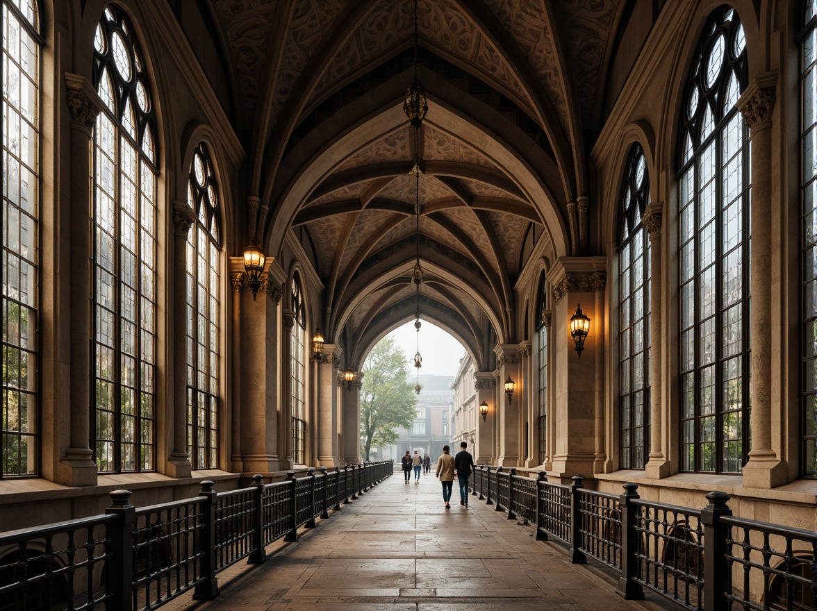 Prompt: Grand pedestrian bridge, Gothic archways, ornate stone carvings, ribbed vaults, pointed arches, flying buttresses, intricate tracery, stained glass windows, majestic piers, weathered bronze railings, mystical lanterns, misty atmosphere, soft warm lighting, shallow depth of field, 3/4 composition, panoramic view, realistic textures, ambient occlusion.