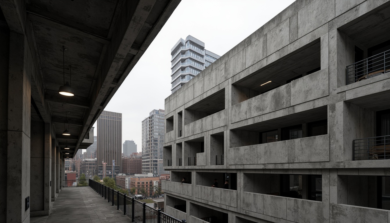 Prompt: Exposed concrete walls, rugged textures, industrial pipes, raw steel beams, minimalist balconies, brutalist architecture, urban cityscape, gloomy overcast sky, dramatic shadows, high-contrast lighting, bold geometric forms, functional simplicity, distressed finishes, poured-in-place concrete, cold monochromatic color palette, 1/1 composition, low-angle shot, cinematic atmosphere, gritty realistic textures.