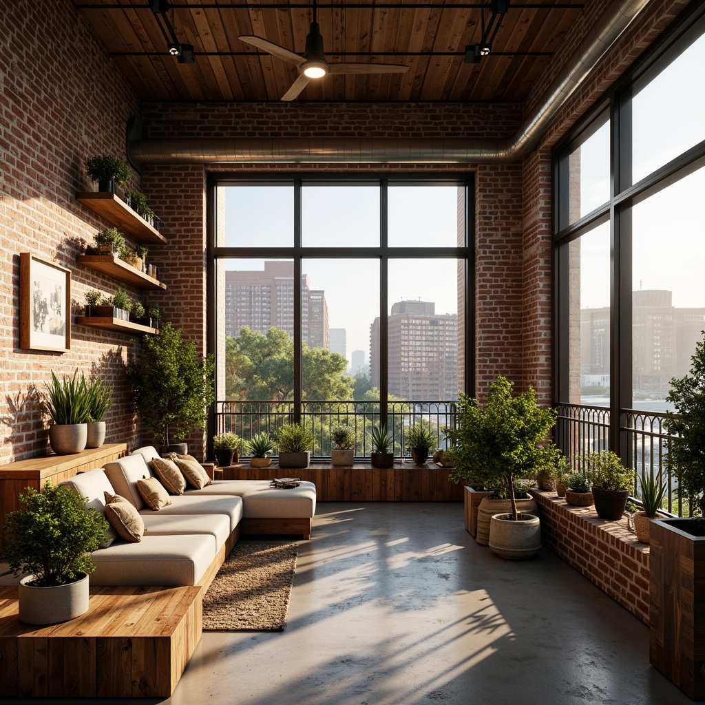 Prompt: Exposed brick walls, reclaimed wood accents, industrial metal beams, vintage decorative items, lush greenery, potted plants, natural textiles, earthy color palette, soft warm lighting, cozy atmosphere, eco-friendly materials, solar panels, rainwater harvesting systems, living roofs, green walls, minimalist decor, open-plan layout, high ceilings, large windows, cityscape views, urban landscape, morning sunlight, shallow depth of field, 3/4 composition, realistic textures, ambient occlusion.