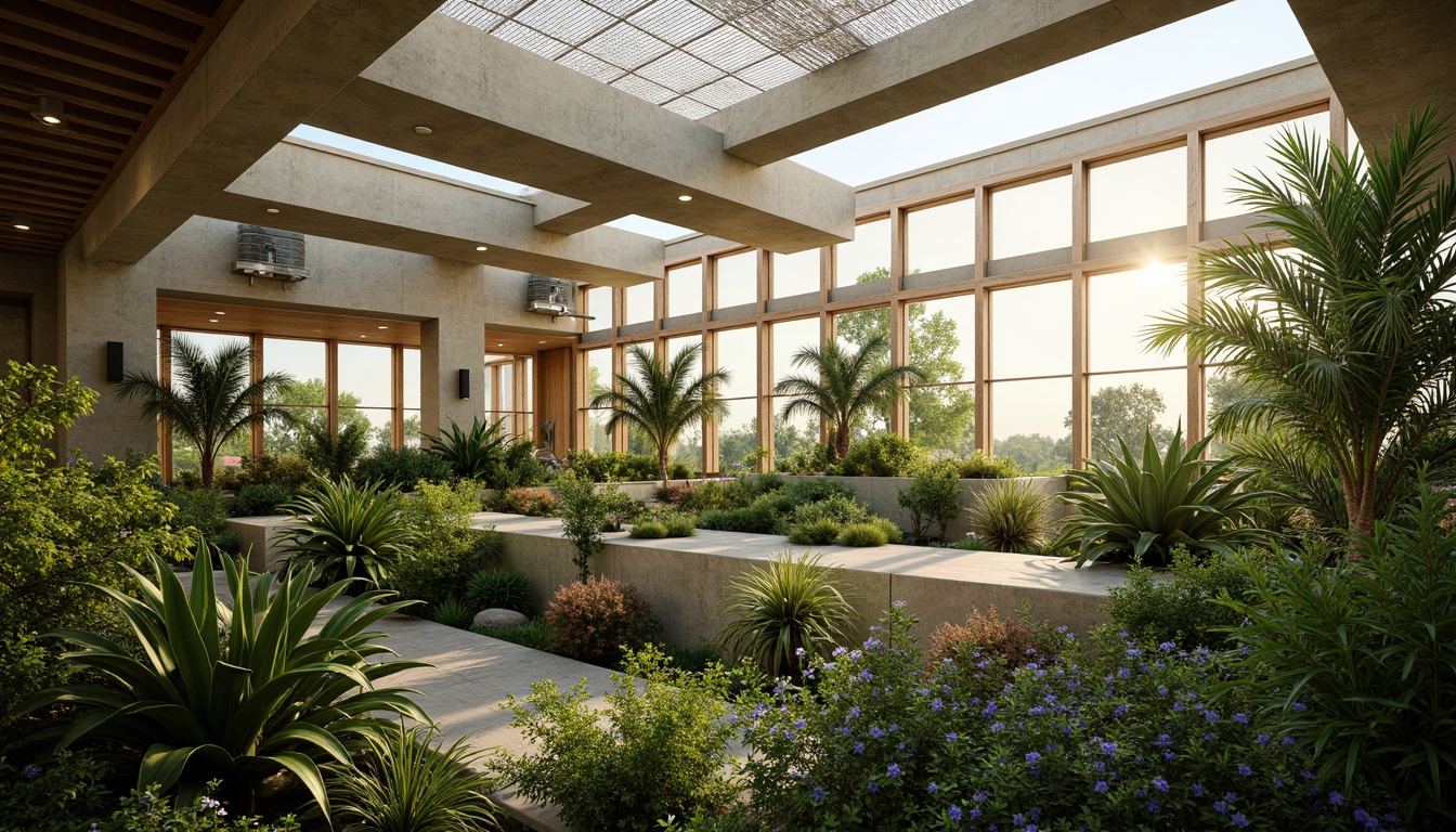 Prompt: Natural ventilation systems, clerestory windows, roof vents, solar-powered fans, evaporative cooling, shading devices, thermal mass materials, insulated glazing, automated window openers, misting systems, tropical plants, lush greenery, warm natural light, soft diffused lighting, 3/4 composition, panoramic view, realistic textures, ambient occlusion.