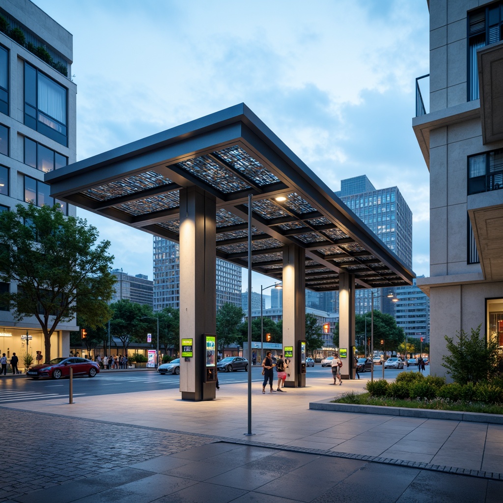 Prompt: Modern charging station, sleek metal framework, durable polycarbonate roofs, energy-efficient LED lighting, futuristic digital displays, minimalist concrete floors, stainless steel pillars, eco-friendly recycled plastic walls, vibrant green accents, urban cityscape background, busy street traffic, cloudy blue sky, shallow depth of field, 1/1 composition, realistic metallic textures, ambient occlusion.