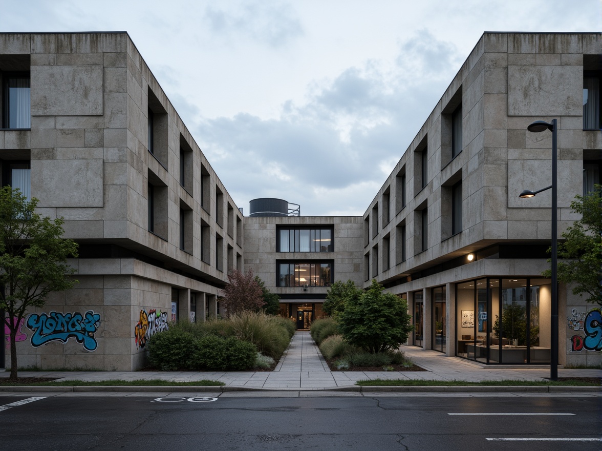 Prompt: Rugged community center, brutalist architecture, raw concrete walls, fortress-like structure, angular lines, geometric shapes, industrial materials, metal beams, exposed ductwork, urban landscape, city streets, graffiti art, street lamps, cloudy sky, dramatic lighting, high contrast, 1/1 composition, symmetrical framing, gritty textures, ambient occlusion.