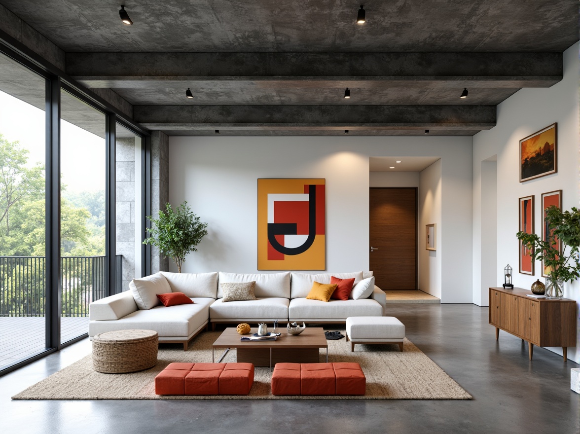 Prompt: Minimalist living room, open-plan layout, functional furniture, industrial materials, steel beams, concrete floors, large windows, sliding glass doors, natural light, airy atmosphere, geometric shapes, primary color accents, abstract artwork, built-in shelving, modular storage units, sleek lines, rectangular forms, functional simplicity, modernist aesthetic, 1/1 composition, softbox lighting, subtle shadows, ambient occlusion.