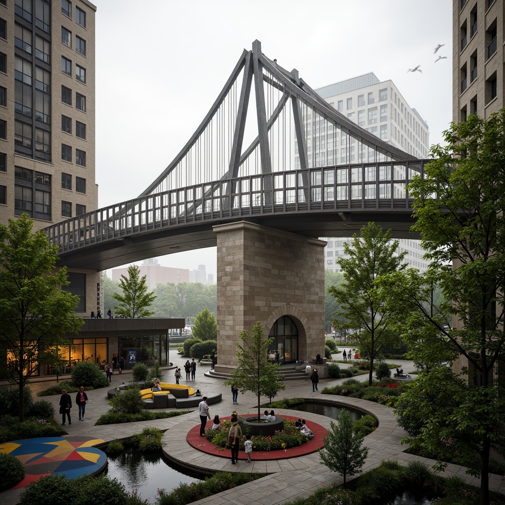 Prompt: Curved bridge silhouette, lush greenery integration, natural stone foundations, steel arches, suspension cables, urban cityscape, misty morning atmosphere, soft warm lighting, shallow depth of field, 3/4 composition, panoramic view, realistic textures, ambient occlusion, fusion architecture style, modern minimalist design, sleek metal railings, glass pedestrian walkways, vibrant colorful street art, intricate geometric patterns, water features, reflection pools, urban furniture, dynamic city life.