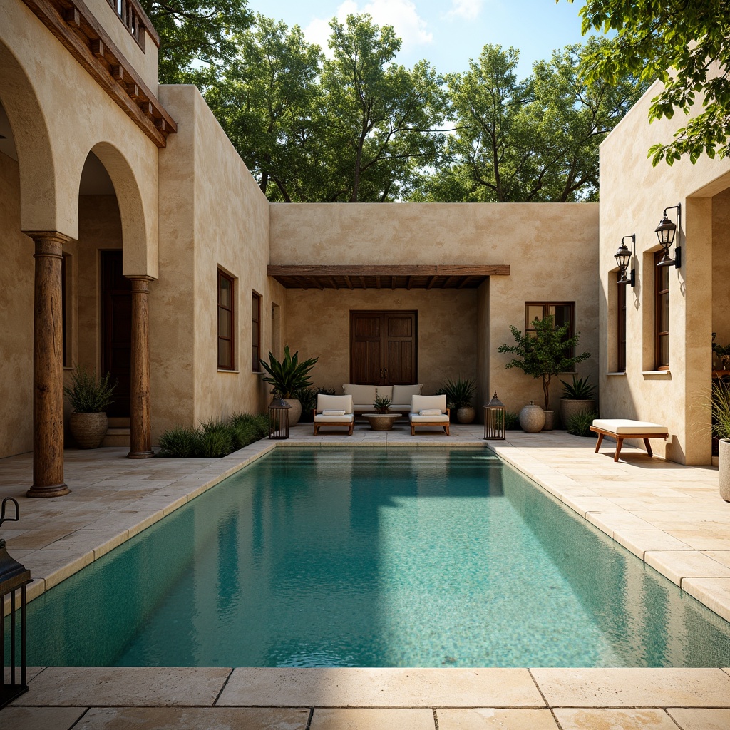 Prompt: Ancient Roman-inspired swimming pool, rustic stone walls, weathered bronze fixtures, ornate ceramic tiles, natural travertine flooring, warm beige stucco, distressed wood accents, vintage metal lanterns, lush greenery surroundings, sunny afternoon, soft warm lighting, shallow depth of field, 3/4 composition, panoramic view, realistic textures, ambient occlusion.