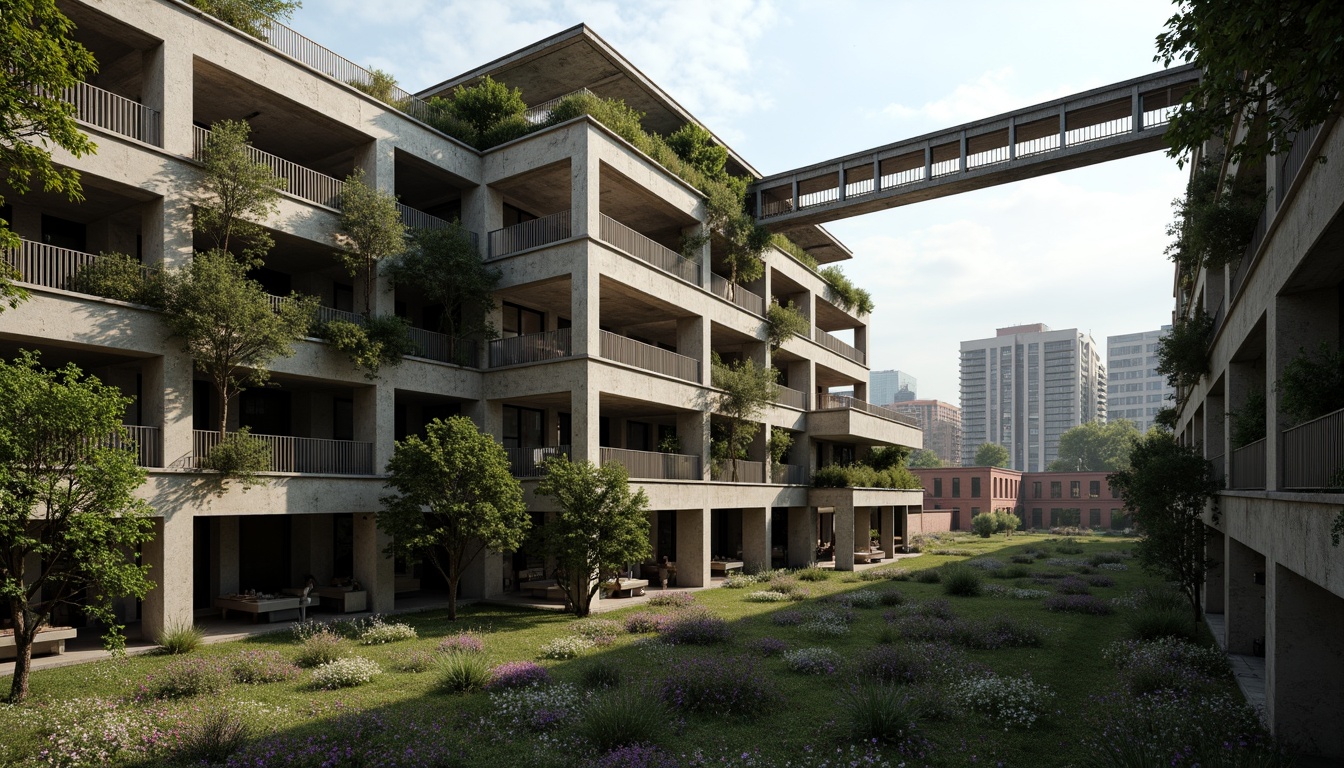 Prompt: Rugged brutalist buildings, raw concrete textures, fortress-like structures, overgrown vegetation, wildflowers, moss-covered walls, weathered steel beams, industrial materials, urban landscape integration, cityscape views, elevated walkways, cantilevered sections, dramatic shadows, harsh natural light, 1/1 composition, symmetrical framing, high-contrast lighting, gritty realistic textures, ambient occlusion.