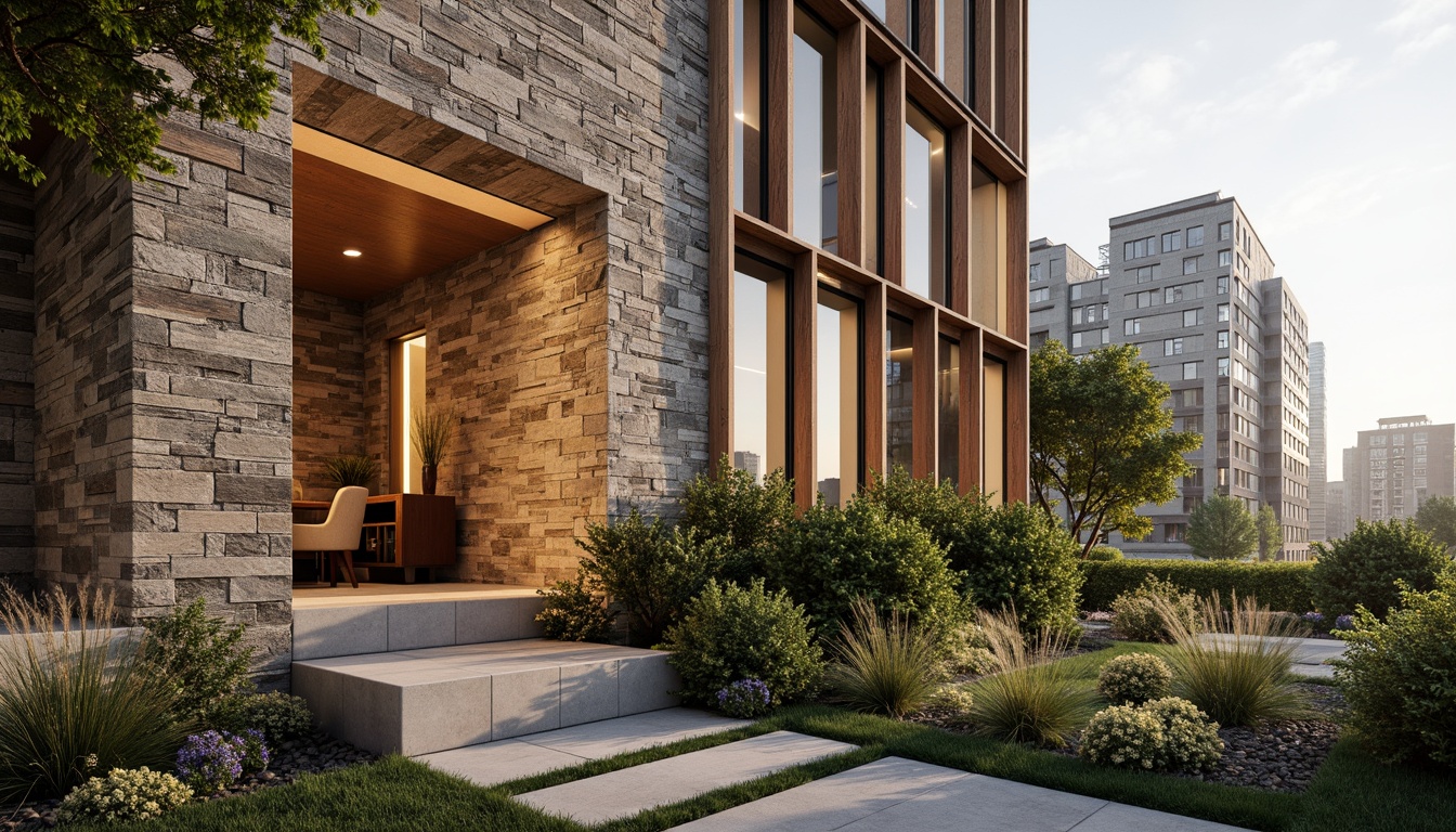 Prompt: Rough stone walls, rustic brick facades, wooden accents, natural wood grain, earthy tones, organic forms, irregular shapes, tactile experiences, 3D modeling, realistic renderings, ambient occlusion, soft warm lighting, shallow depth of field, 2/3 composition, modern architecture, sustainable design, eco-friendly materials, green roofs, living walls, urban landscapes, city skylines, industrial heritage, converted warehouses.