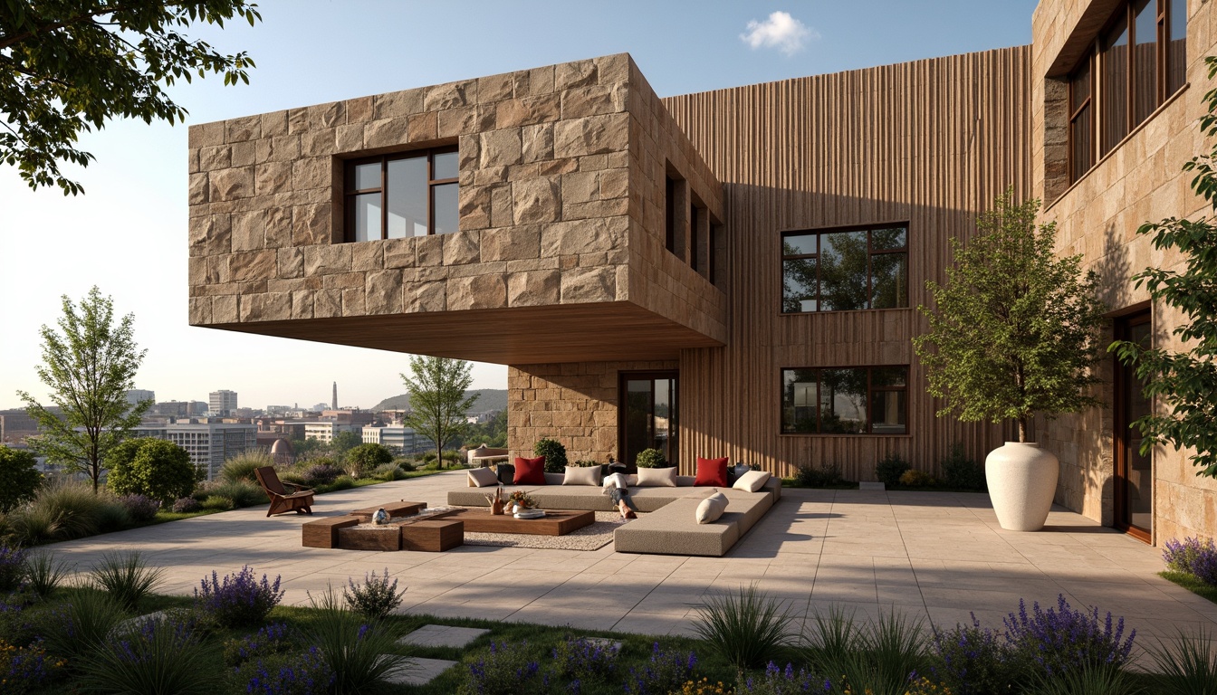 Prompt: Rough stone walls, rustic brick facades, wooden accents, natural wood grain, earthy tones, organic forms, irregular shapes, tactile experiences, 3D modeling, realistic renderings, ambient occlusion, soft warm lighting, shallow depth of field, 2/3 composition, modern architecture, sustainable design, eco-friendly materials, green roofs, living walls, urban landscapes, city skylines, industrial heritage, converted warehouses.