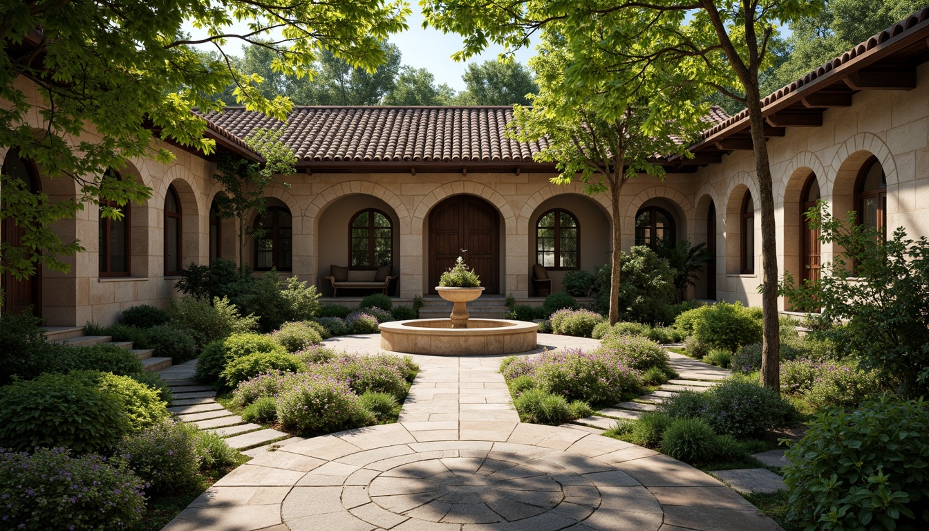 Prompt: Rustic courtyard, lush greenery, meandering stone pathways, ornate fountains, vibrant flowerbeds, climbing vines, ancient tree species, weathered stone walls, arched windows, heavy wooden doors, intricate carvings, warm earthy tones, soft diffused lighting, shallow depth of field, 2/3 composition, symmetrical framing, realistic textures, ambient occlusion.