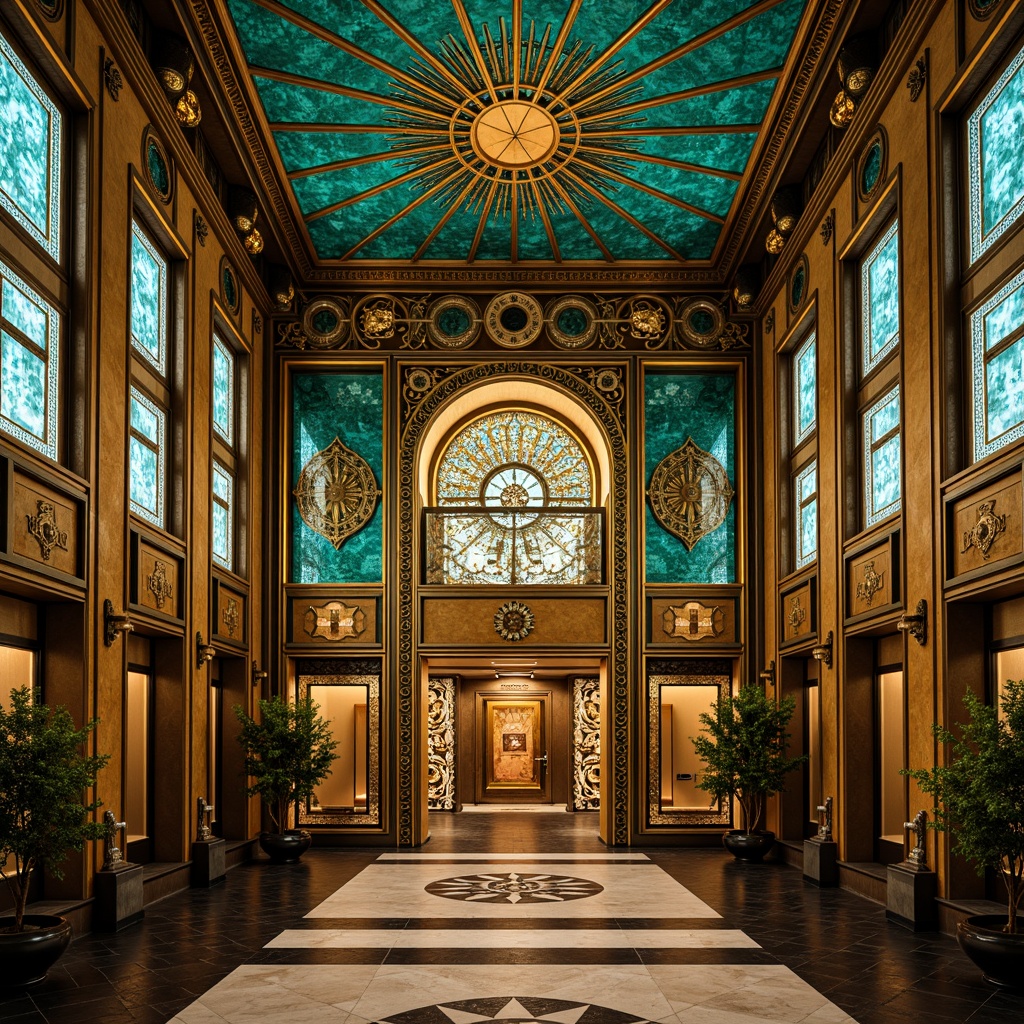 Prompt: Opulent Art Deco monument, lavish golden accents, rich bronze tones, vibrant turquoise mosaics, geometric patterns, ornate metalwork, luxurious marble surfaces, bold black outlines, stylized floral motifs, sunburst designs, zigzag patterns, metallic sheen, warm ambient lighting, shallow depth of field, 1/1 composition, symmetrical framing, high-contrast colors, intricate textures, realistic reflections.