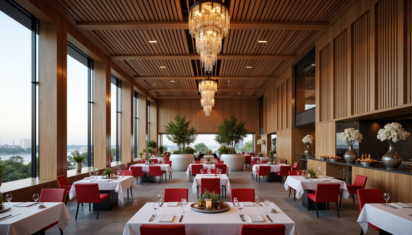 Prompt: Luxurious dining hall, rich wood tones, creamy whites, deep charcoal grays, bold red accents, metallic silvers, sleek glass surfaces, minimalist decor, modern international style, high ceilings, grand chandeliers, sophisticated ambiance, warm soft lighting, shallow depth of field, 1/1 composition, realistic textures, ambient occlusion.