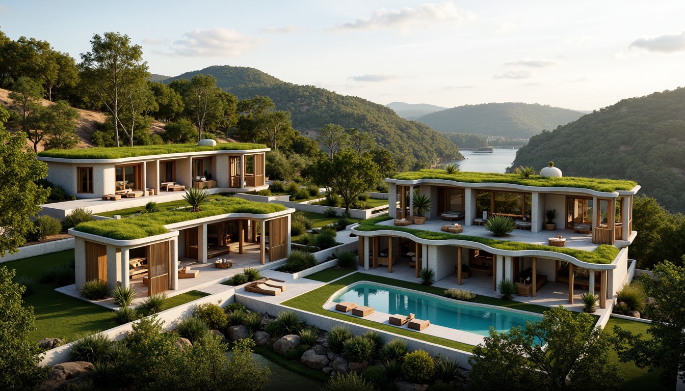 Prompt: Harmonious building facade, lush green roofs, verdant walls, natural stone cladding, wooden accents, curved lines, organic shapes, seamless transitions, outdoor living spaces, infinity pools, water features, surrounding landscape, rolling hills, native flora, meandering pathways, scenic overlooks, soft warm lighting, shallow depth of field, 1/1 composition, panoramic view, realistic textures, ambient occlusion.