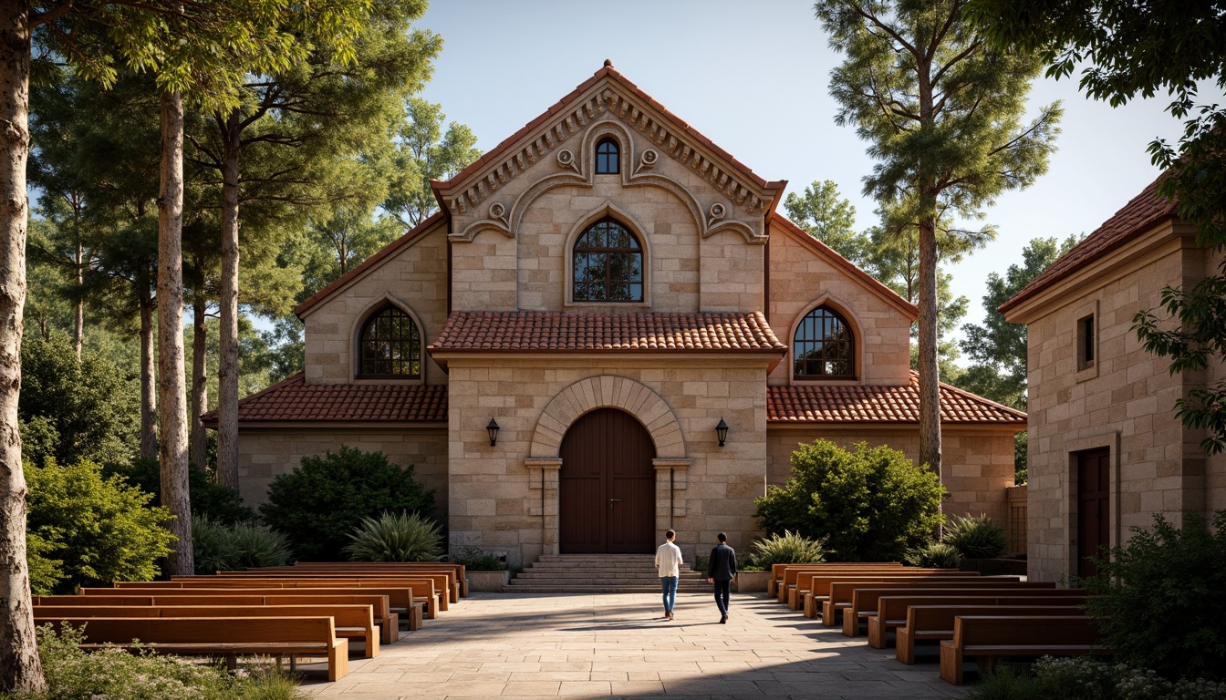 Prompt: Rustic church building, steeply pitched roof, terracotta tiles, ornate stone carvings, stained glass windows, wooden pews, vaulted ceilings, grand entrance doors, intricate stone facades, traditional vernacular style, earthy color palette, natural textures, warm ambient lighting, soft shadows, 1/2 composition, realistic render, detailed architectural elements.