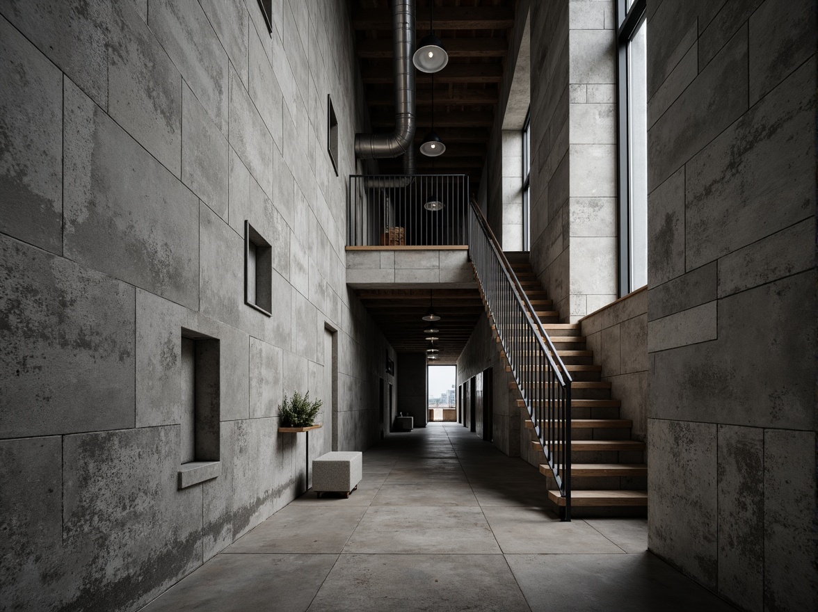 Prompt: Raw concrete walls, rugged textures, brutalist architecture, urban apartment building, industrial chic aesthetic, minimalist decor, functional simplicity, exposed ductwork, steel beams, industrial-style lighting, metal railings, raw wood accents, monochromatic color scheme, dramatic shadows, high-contrast lighting, cinematic composition, 1/2 camera angle, gritty realistic textures, ambient occlusion.