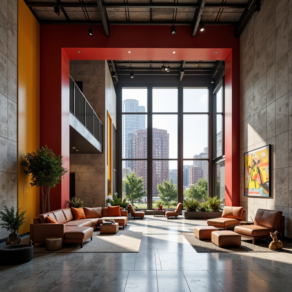 Prompt: Geometric hotel lobby, bold color blocking, industrial metal accents, minimalist furniture, sleek lines, functional decor, open floor plan, natural light pouring, urban cityscape views, abstract artwork, brutalist concrete walls, polished marble floors, warm ambient lighting, shallow depth of field, 1/1 composition, symmetrical framing, high-contrast textures, atmospheric misting.