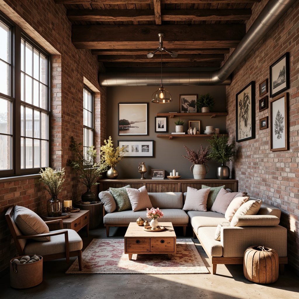 Prompt: Warm industrial loft, exposed brick walls, wooden beams, metal accents, soft warm lighting, cozy atmosphere, rich textiles, plush furnishings, vintage decorative items, distressed finishes, earthy tone color scheme, muted pastels, blush pinks, mauve, sage greens, creamy whites, warm beiges, rustic wood tones, natural stone floors, industrial chic decor, romantic ambiance, intimate setting, soft focus, shallow depth of field, 1/1 composition, realistic textures, ambient occlusion.