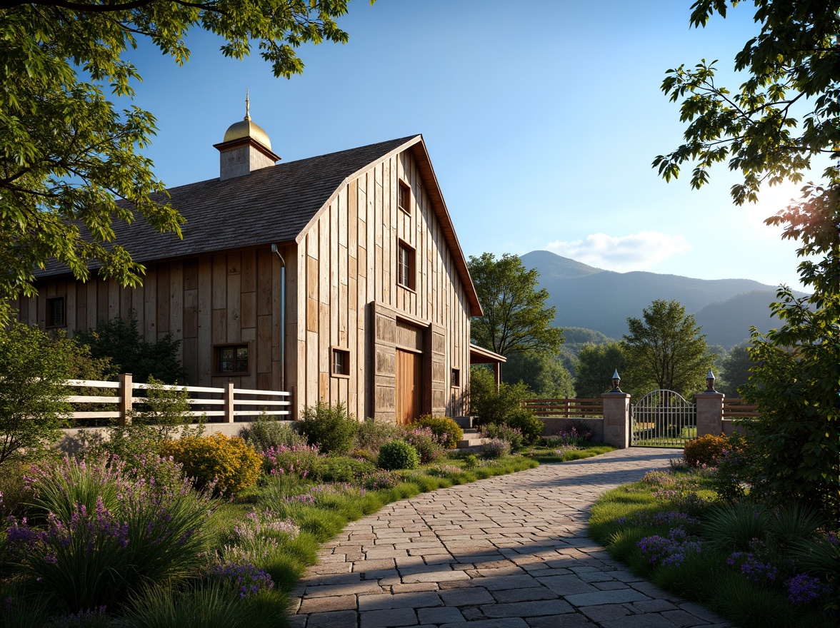 Prompt: Rustic barn, Byzantine architectural style, ornate stone carvings, golden domes, lush greenery, vibrant flowers, meandering pathways, natural stone walkways, rustic wooden fences, vintage metal gates, lantern-style lighting, warm soft glow, shallow depth of field, 3/4 composition, panoramic view, realistic textures, ambient occlusion, rolling hills, serene countryside, sunny day, clear blue sky.