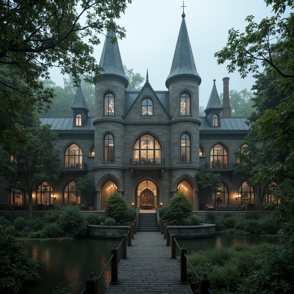 Prompt: Mysterious medieval castle, rugged stone walls, grandiose spires, stained glass windows, ornate gargoyles, lush greenery, overgrown vines, moss-covered stones, misty atmosphere, soft warm lighting, dramatic shadows, 3/4 composition, symmetrical framing, eerie ambiance, mystical fog, ancient trees, twisted branches, weathered wooden bridges, serene water features, reflective pools, Gothic arches, ribbed vaults, flying buttresses, intricate stone carvings.