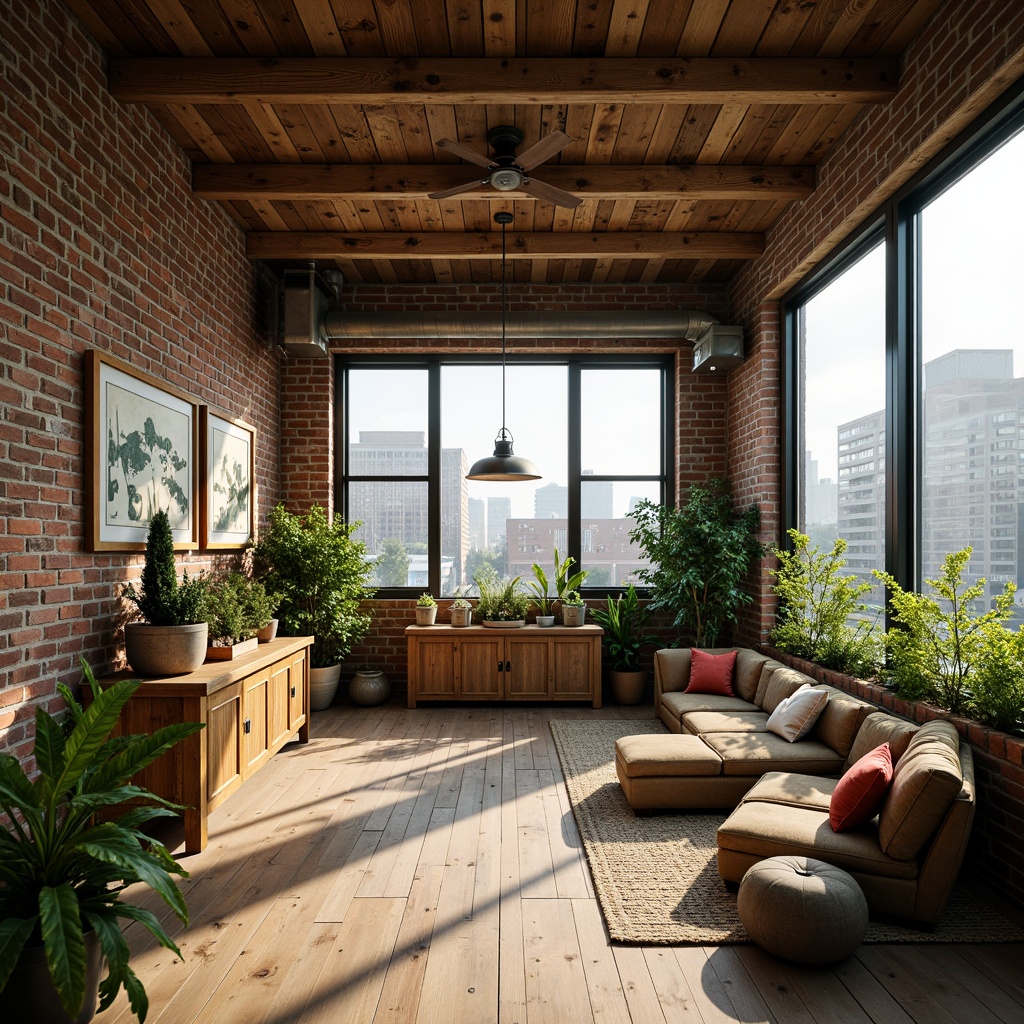 Prompt: Exposed brick walls, reclaimed wood accents, industrial metal beams, vintage decorative items, lush greenery, potted plants, natural textiles, earthy color palette, soft warm lighting, cozy atmosphere, eco-friendly materials, solar panels, rainwater harvesting systems, living roofs, green walls, minimalist decor, open-plan layout, high ceilings, large windows, cityscape views, urban landscape, morning sunlight, shallow depth of field, 3/4 composition, realistic textures, ambient occlusion.