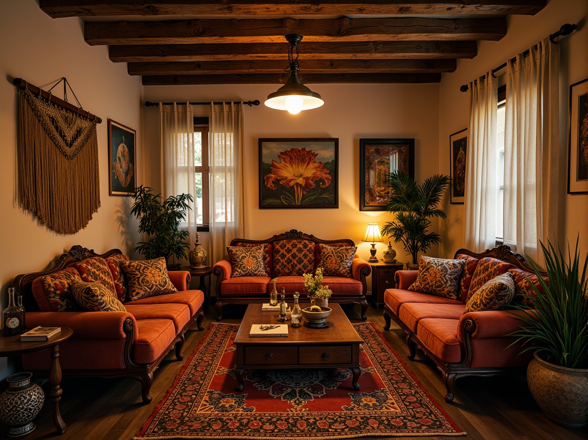 Prompt: Cozy eclectic living room, vintage furniture, distressed wood accents, plush velvet sofas, colorful Moroccan tiles, abstract artwork, macrame wall hangings, natural fiber rugs, warm golden lighting, soft candlelight, shallow depth of field, 1/1 composition, intimate atmosphere, rich textures, ambient occlusion.