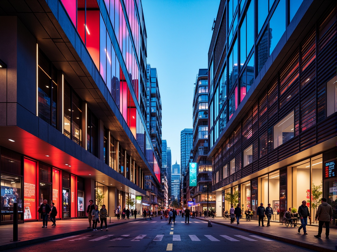 Prompt: Vibrant cityscape, modern skyscrapers, bold color blocking, contrasting hues, neon lights, urban landscape, bustling streets, pedestrian walkways, dynamic architecture, geometric patterns, metallic accents, glass facades, LED installations, futuristic ambiance, high-contrast lighting, dramatic shadows, 1/1 composition, low-angle shot, cinematic mood, realistic reflections.