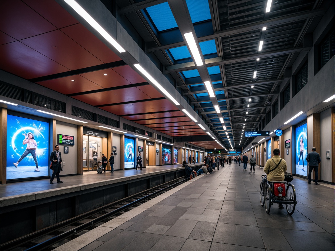 Prompt: Modern metro station, sleek architecture, futuristic design, LED light installations, dynamic color schemes, ambient occlusion, soft warm lighting, shallow depth of field, 3/4 composition, panoramic view, realistic textures, urban cityscape, bustling atmosphere, rush hour crowds, concrete platforms, stainless steel handrails, glass ceilings, intricate tile work, vibrant neon signs, abstract geometric patterns, high-contrast lighting, dramatic shadows, cinematic mood.