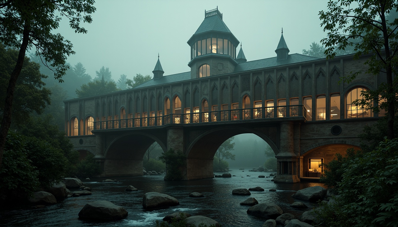 Prompt: Mysterious Gothic bridge, dark stone arches, ornate ironwork, misty foggy atmosphere, eerie twilight, warm golden lighting, rich brown wood accents, intricate carvings, pointed towers, grandiose architecture, weathered copper details, moss-covered stonework, mystical forest surroundings, serene river flowing beneath, soft focus, shallow depth of field, 1/2 composition, cinematic mood, dramatic shadows.