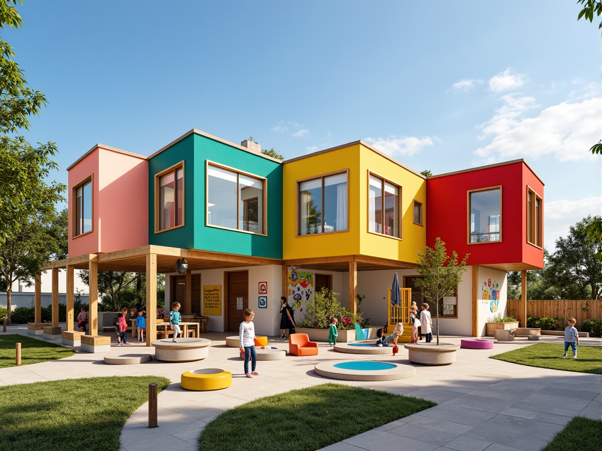 Prompt: Vibrant kindergarten facade, bold color blocks, playful geometric shapes, modernist architecture, large windows, sliding glass doors, natural wood accents, educational signage, whimsical murals, interactive outdoor spaces, climbing walls, sensory play areas, soft rubber flooring, circular benches, shade-providing canopies, warm sunny day, shallow depth of field, 1/1 composition, realistic textures, ambient occlusion.