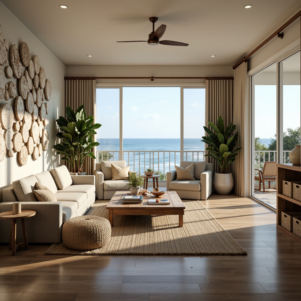 Prompt: Coastal living room, ocean-inspired color palette, driftwood accents, natural textiles, woven sea grass furniture, coral-patterned rugs, shell-adorned decorative walls, floor-to-ceiling windows, sliding glass doors, panoramic ocean views, soft warm lighting, beachy ambiance, minimalist decor, nautical-themed accessories, distressed wood flooring, plush sectional sofas, built-in shelving units, tropical plants, calming atmosphere, 1/1 composition, realistic reflections, ambient occlusion.