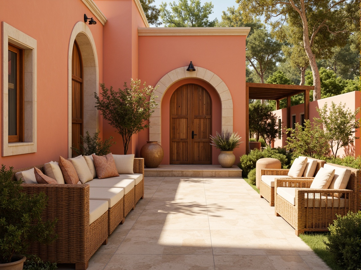 Prompt: Warm apricot hues, soft peach undertones, creamy beige accents, rustic terracotta walls, natural stone flooring, earthy ceramic vases, woven rattan furniture, lush greenery, blooming flowers, sunny afternoon, warm golden lighting, shallow depth of field, 3/4 composition, panoramic view, realistic textures, ambient occlusion.