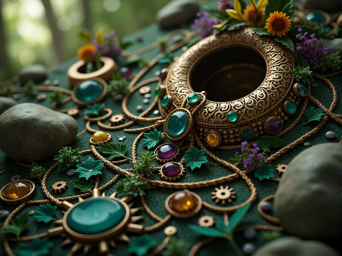 Prompt: Intricate ornate details, flowing organic lines, sinuous curves, luxurious materials, jewel-toned colors, emerald green, sapphire blue, amethyst purple, golden yellow, copper accents, bronze metallic, rich wood textures, velvet fabrics, ornate patterns, botanical motifs, whimsical illustrations, dreamy atmosphere, soft warm lighting, shallow depth of field, 1/1 composition, realistic renderings, ambient occlusion.