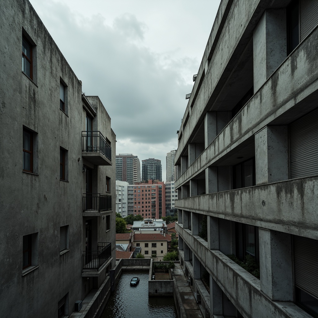 Prompt: Exposed concrete walls, rugged textures, industrial pipes, raw steel beams, minimalist balconies, brutalist architecture, urban cityscape, gloomy overcast sky, dramatic shadows, high-contrast lighting, bold geometric forms, functional simplicity, distressed finishes, poured-in-place concrete, cold monochromatic color palette, 1/1 composition, low-angle shot, cinematic atmosphere, gritty realistic textures.