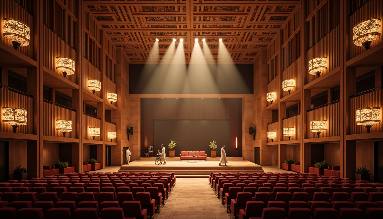 Prompt: Auditorium constructivism space, grandiose high ceiling, ornate chandeliers, plush red velvet seats, polished wooden floors, intricate geometric patterns, minimalist stage design, dramatic spotlights, warm golden lighting, shallow depth of field, 2/3 composition, symmetrical architecture, luxurious textiles, rich wood tones, metallic accents, avant-garde art pieces, futuristic sound systems, comfortable seating arrangements, ample legroom, wheelchair accessibility, subtle color palette.